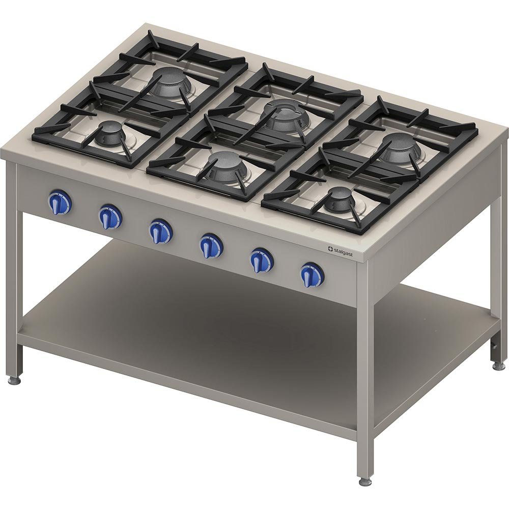 Gasherd Serie 900 – 6-Brenner (3,5+3×5+2×7), 32,5 kW, G20, 1300 x 900 x 850 mm (BxTxH)