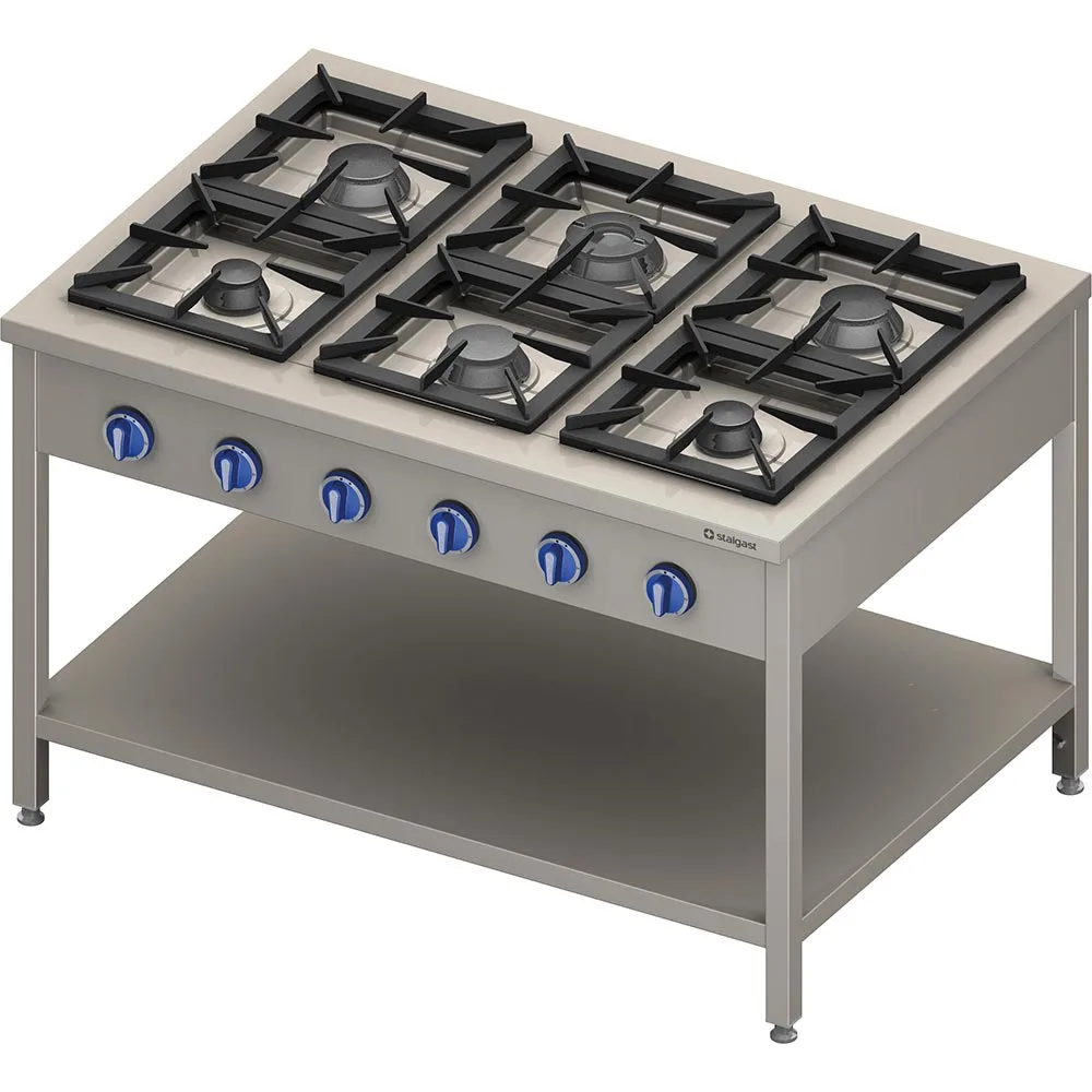 Gasherd Serie 900 – 6-Brenner (3,5+3×5+2×7), 32,5 kW, G20, 1300 x 900 x 850 mm (BxTxH)