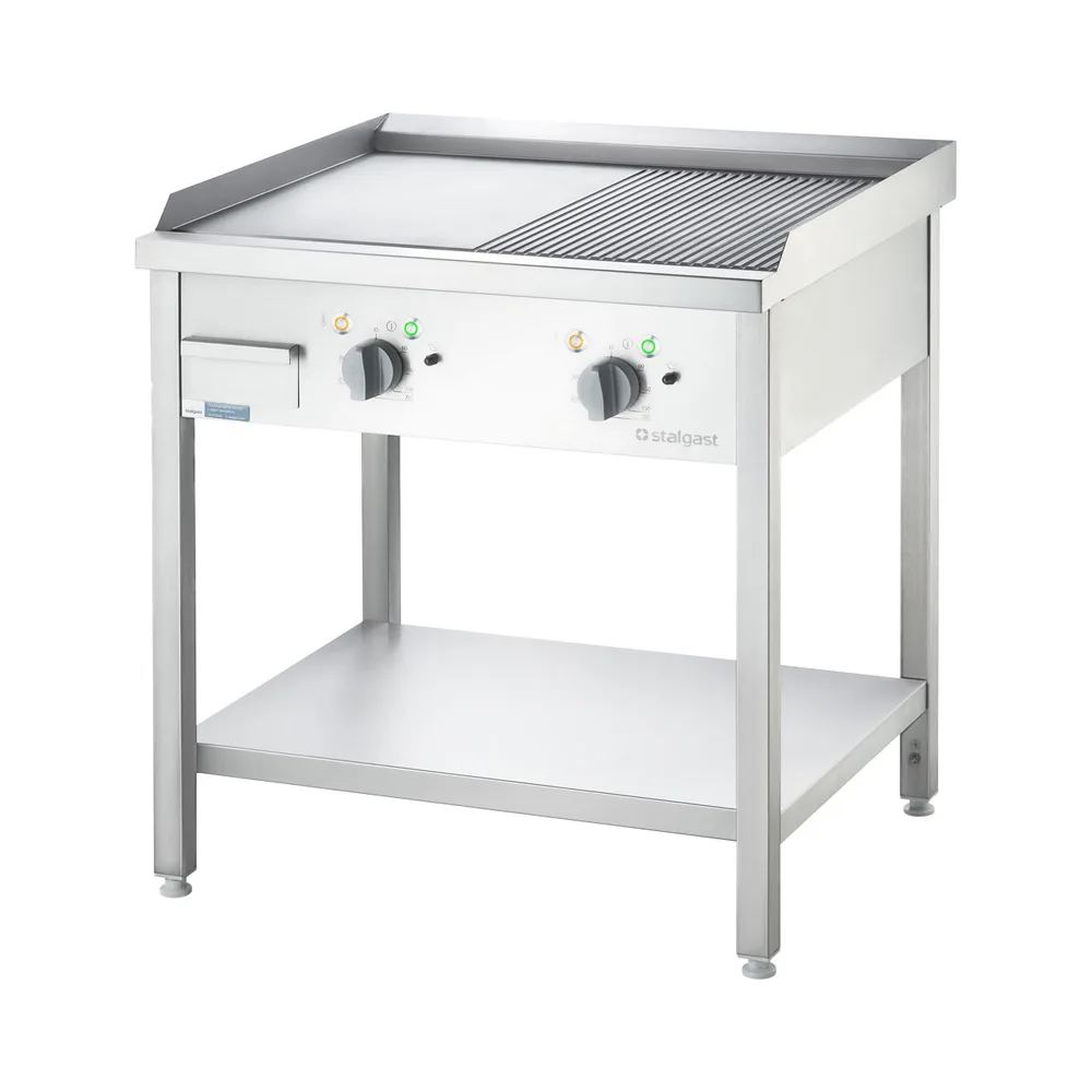 Elektro-Griddleplatte als Standgerät  ½ Glatt / ½ Gerillt, Unterbau offen, 800 x 700 x 850 mm