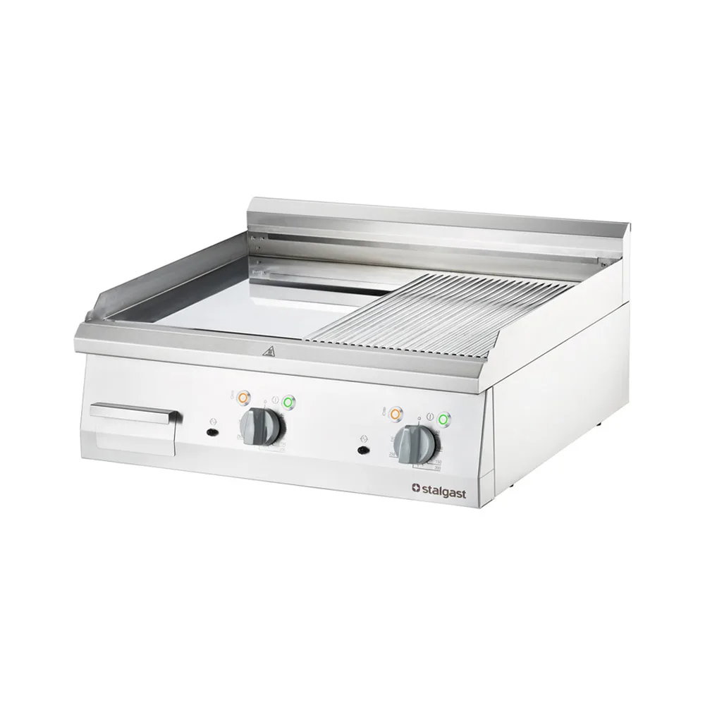 Verchromte Elektro-Griddleplatte als Tischgerät, 800×700 mm, ½ Glatte/½ Gerillte Grillfläche, Serie 700 ND