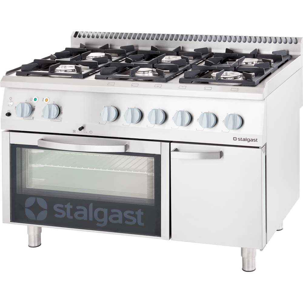 Gasherd mit 6 Brennern (3,5+2×5+2×7+9), Elektro-Umluft-Backofen GN1/1 und Unterschrank, Serie 700 ND