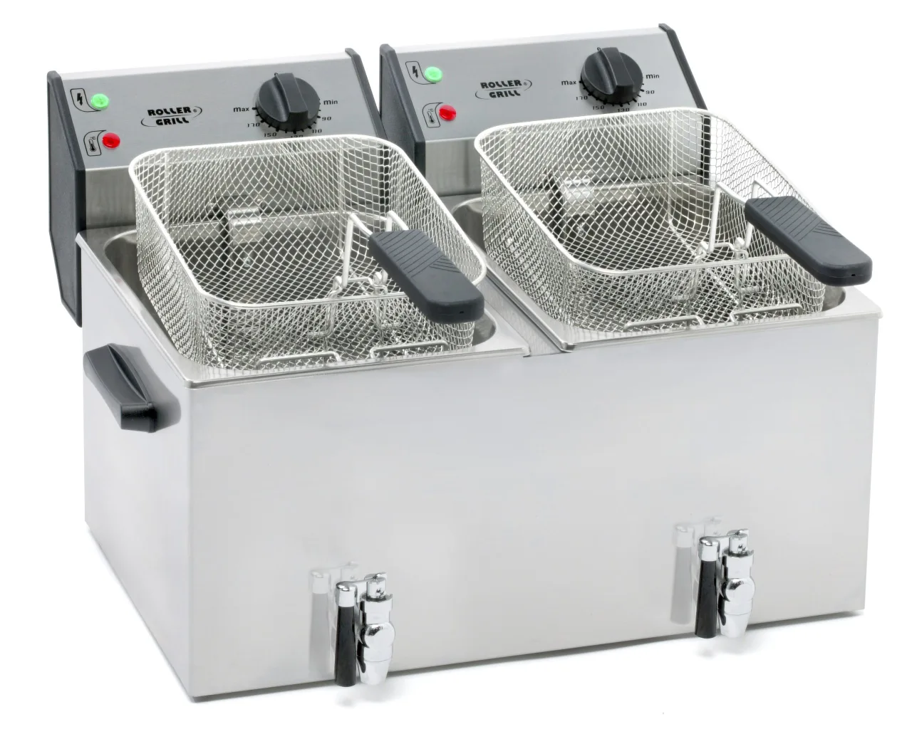ROLLER GRILL Fritteuse mit zwei Becken, mit Ablasshahn, 2 x 8 Liter / 3,6 kW / 590x450x370 mm (BxTxH)