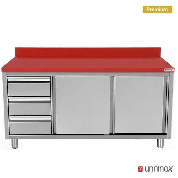 Arbeitsschrank aus Polyethylen + Schiebetüren + 3 Schubladen – L: 1400, T: 700, H: 850