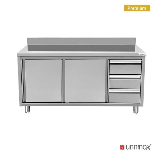 Arbeitsschrank mit Aufkantung + 3 Schubladen rechts – L: 2000, T: 700, H: 850