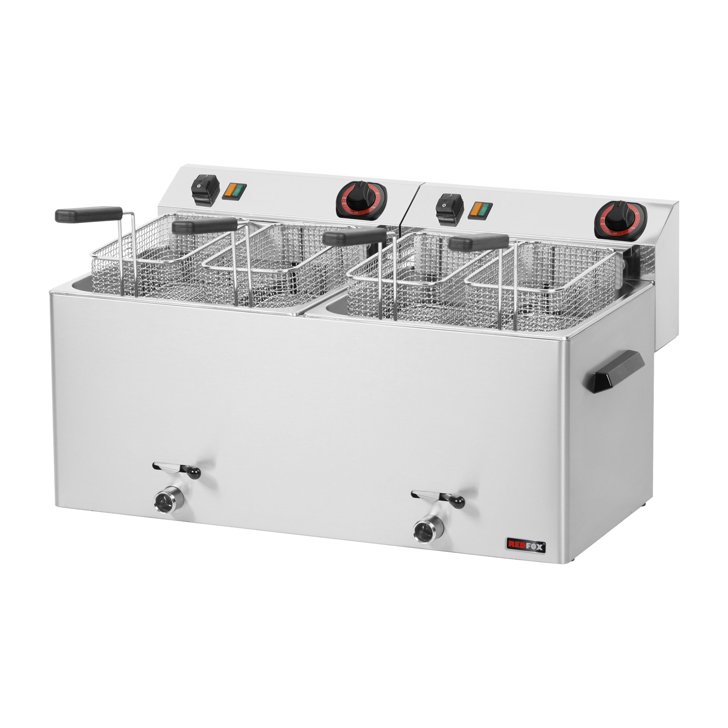 Fritteuse elektrisch doppelt 0,74 kW/l, 11+11 l Tisch mit Auslass 400 V | REDFOX – FE 1010 TD