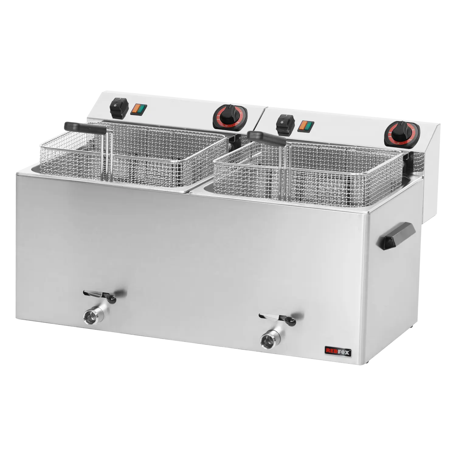 Fritteuse elektrisch doppelt 0,74 kW/l, 11+11 l Tisch mit Auslass 400 V | REDFOX – FE 1010 T