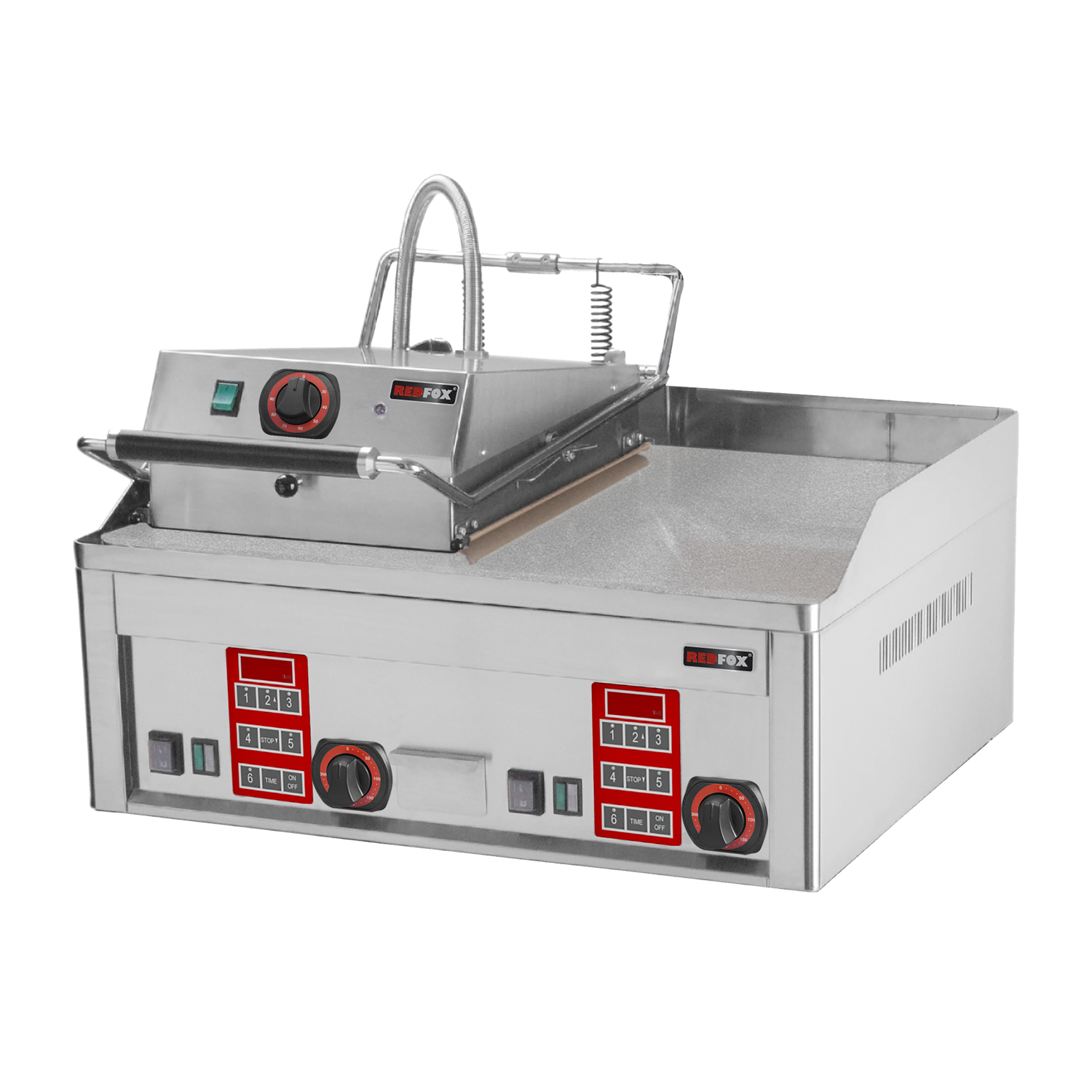Steakgrill elektrisch mit digitalem Timer und obere Kontaktplatte 65×48 Tisch | REDFOX – FTHC 60 ED + KD 30 T