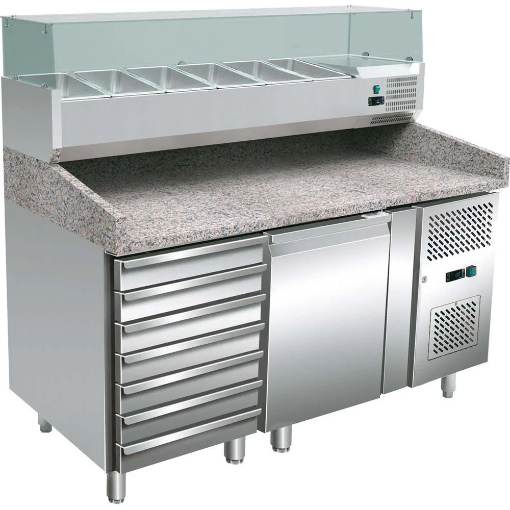 1-tütiger Pizza-Vorbereitungstisch EN/BN 600 mm x 400 mm mit Kühlaufsatz und 7 Schubladen
